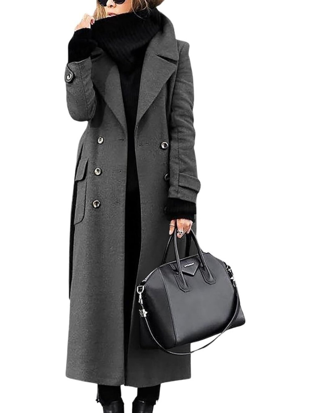 Women‘s Dark Grey Notch Collar Double Breasted Wool Belted Mid Long Trench Coat